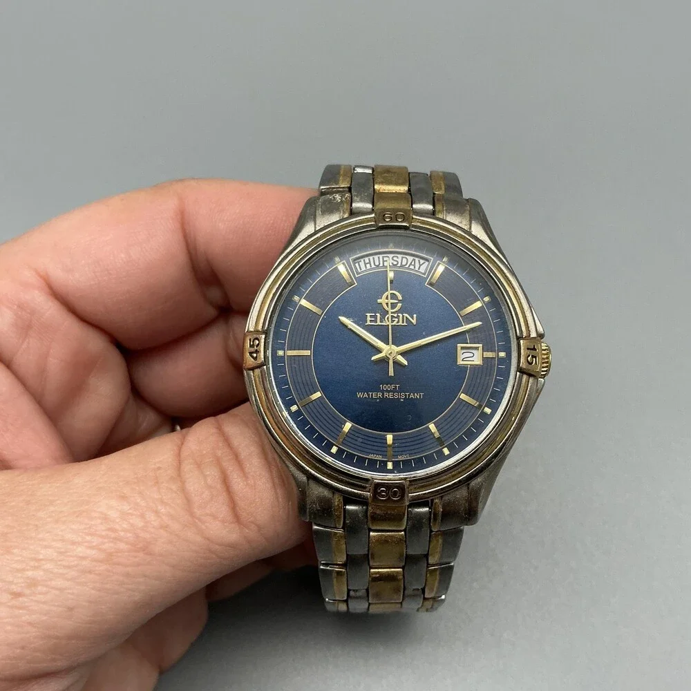 Vtg Elgin FCM215 Mens Watch 38mm Blue Dial Two Tone Day Date New Battery 7.25